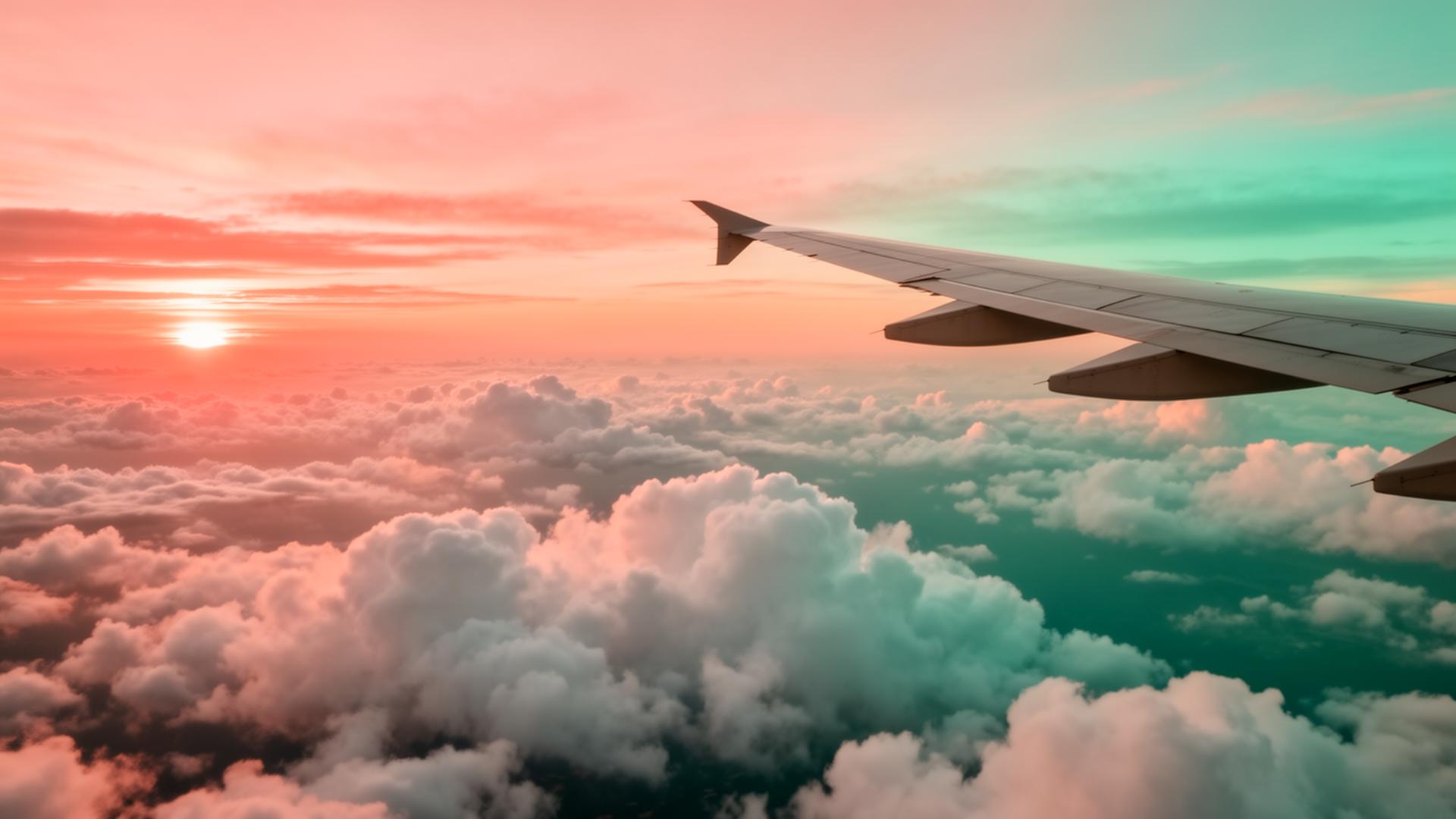 Aile d'avion au-dessus des nuages au coucher du soleil