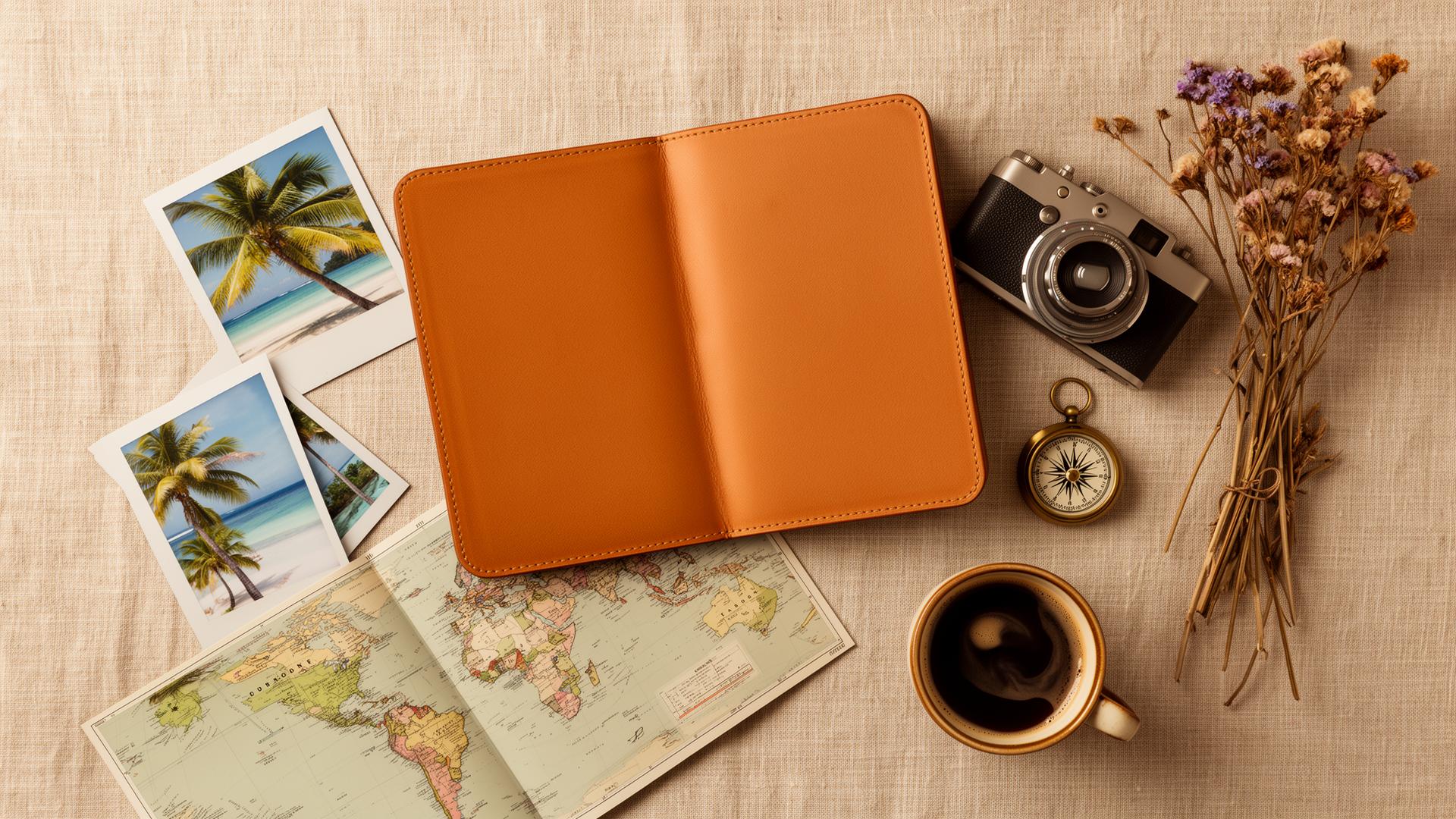 Carnet de voyage, carte du monde et polaroids